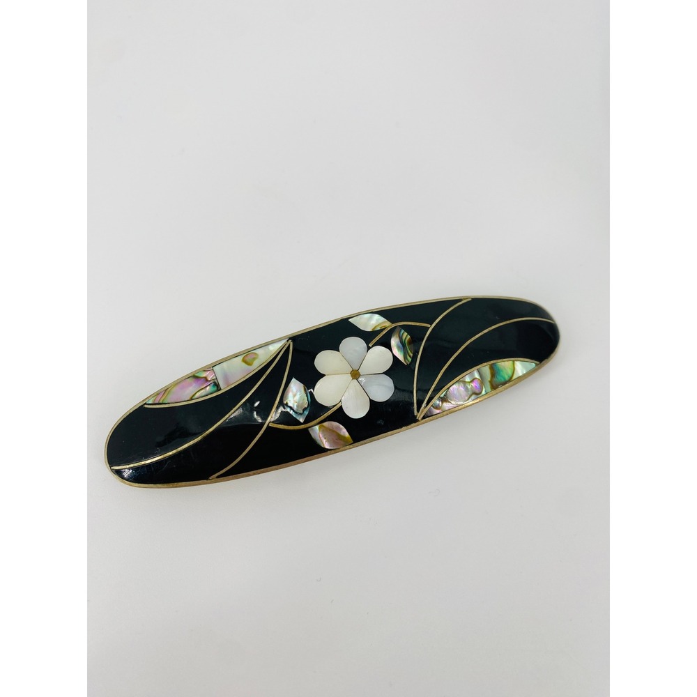 Vintage Hair Barrette Womens OS Black Inlaid Mother of Pearl Abalone Floral